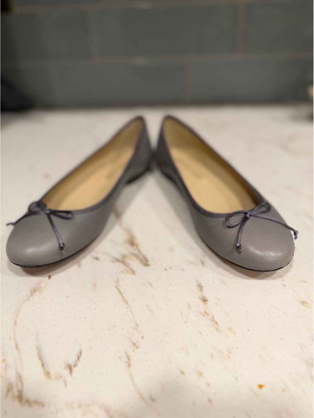 French Sole Gray Leather Ballet Flats